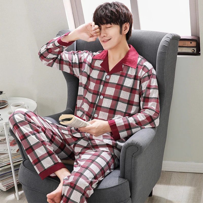 High Quality Cotton Long Sleeve Men Pajama Sets Cardigan Casual Sleepwear Suit Men's Pyjamas Spring Autumn Male Homewear HS759 | Мужская