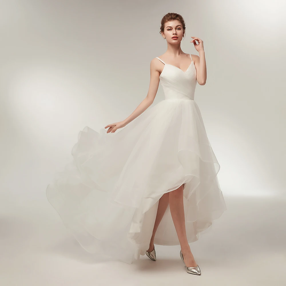 Spring Puffy High Low Wedding Dress Spaghetti Straps V Neckline Ruffle Tulle Short Front Long Back Woman Bridal Dresses
Spring Puffy High Low Wedding Dress Spaghetti Straps V Neckline Ruffle Tulle Short Front Long Back Woman Bridal Dresses