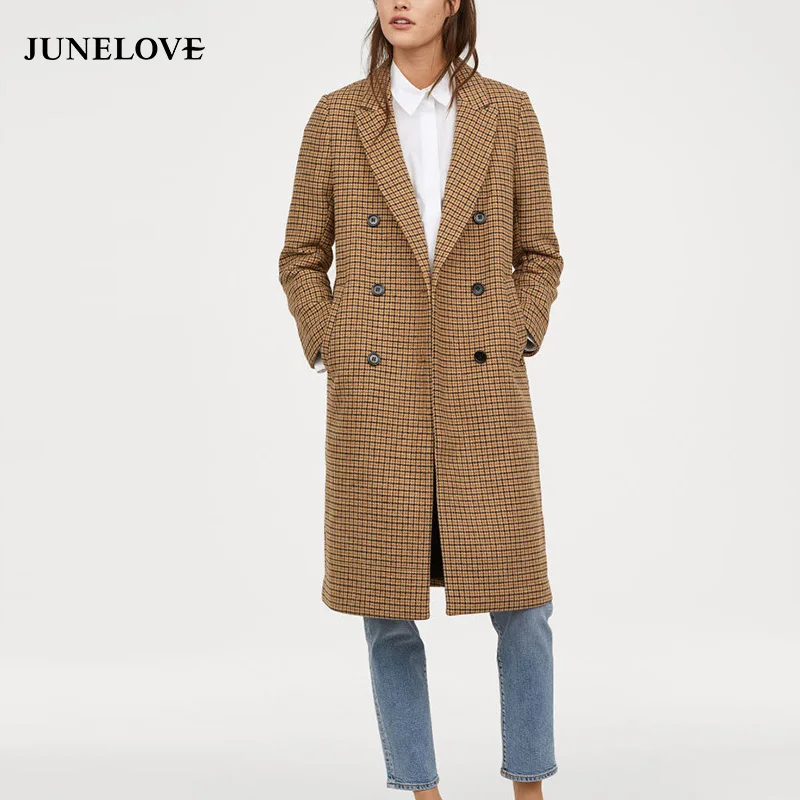 Женское клетчатое пальто JuneLove винтажное длинное Свободное с длинным рукавом