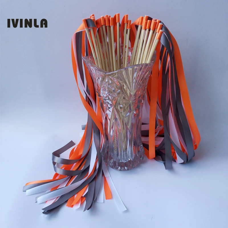 Hot selling 50pcs/lot orange and white wedding ribbon wands stick for wedding decoration
Hot selling 50pcs/lot orange and white wedding ribbon wands stick for wedding decoration
