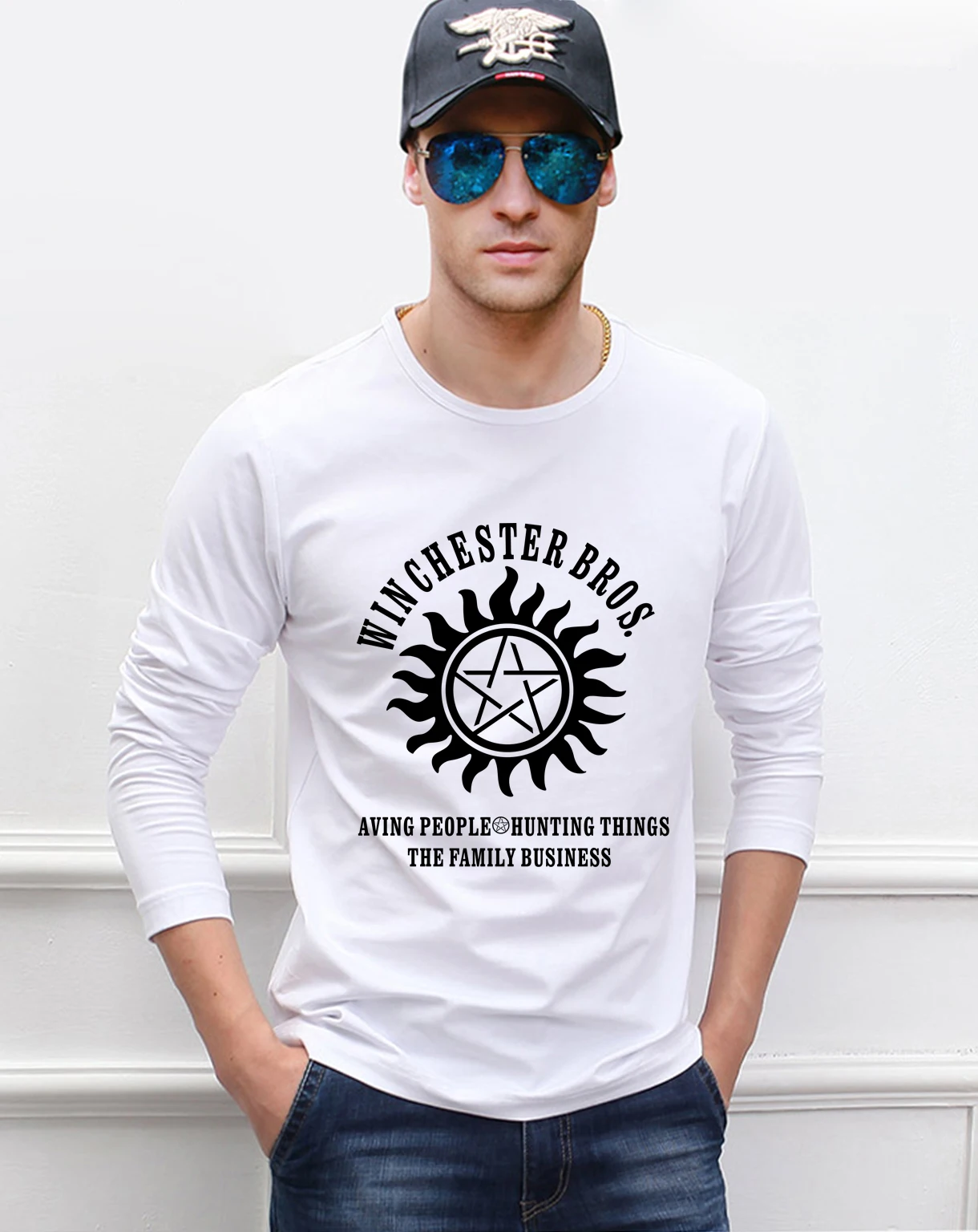 Hip Hop Style Supernatural Winchester Bros men's long sleeve T-shirts 2021 autumn new 100% cotton fitness loose fit men t shirt | Мужская