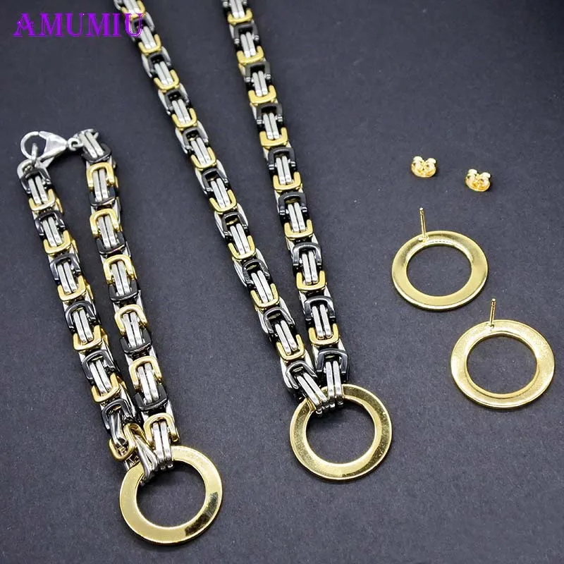 AMUMIU Stainless steel Flat Byzantine Chain Necklace Bracelet Silver Black Men's Fashion Jewelry Set Byzantine Chain Round JS011
AMUMIU Stainless steel Flat Byzantine Chain Necklace Bracelet Silver Black Men's Fashion Jewelry Set Byzantine Chain Round JS011