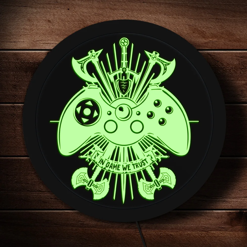 In Game We Trust Video Game Controller Vintage LED Lighted Sign with Joystic Fantasy Weapons Game Room Electronic Lighted Signs
In Game We Trust Video Game Controller Vintage LED Lighted Sign with Joystic Fantasy Weapons Game Room Electronic Lighted Signs