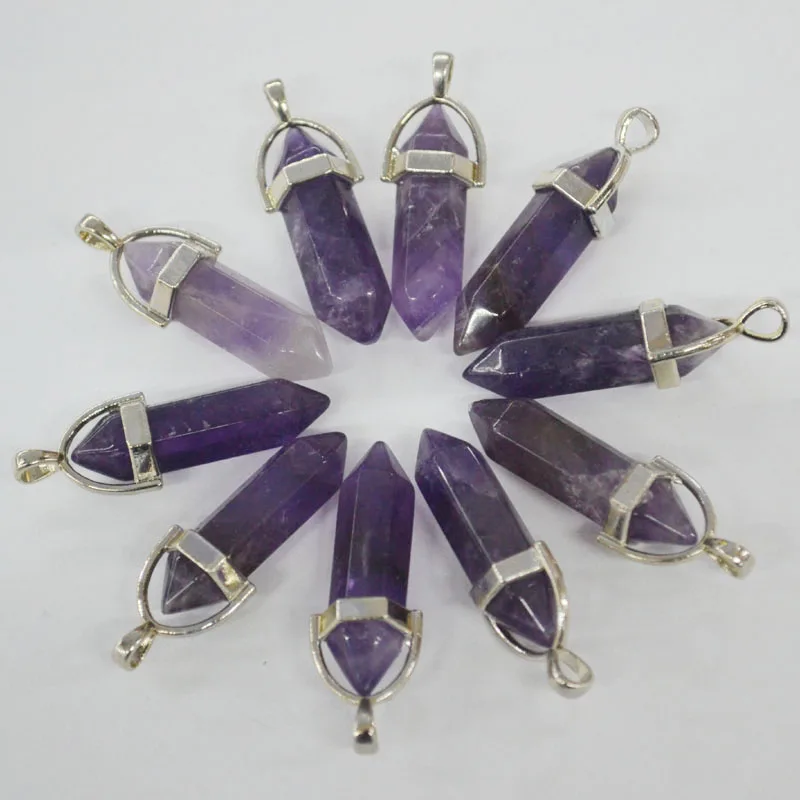 

Wholesale Natural Gems Stones Hexagonal Pointed Healing Reiki Chakra Pendant charm purple stone Beads Necklace Making 12Pcs