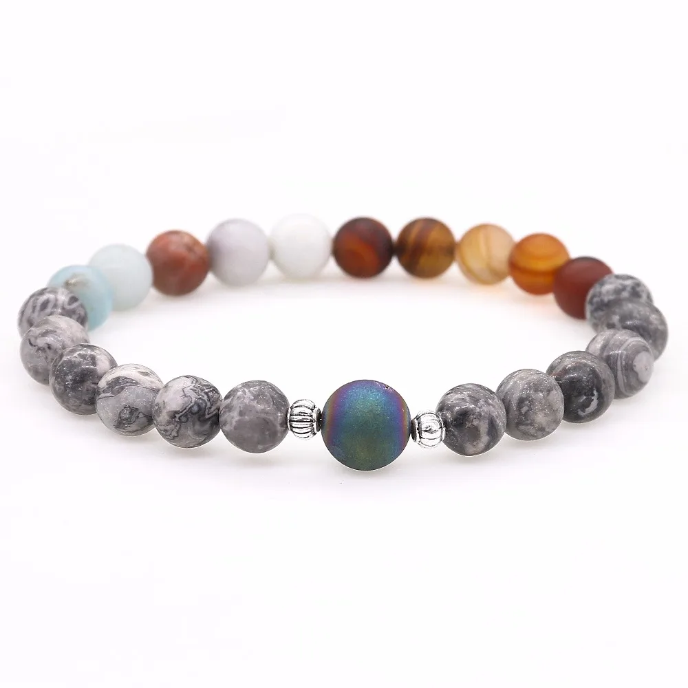 Natural 10MM Color Druzy Beads Bracelet Universe Planet 8mm Gray Map with Matte Onyx Bracelets Amazon Stone Jewelry | Украшения и