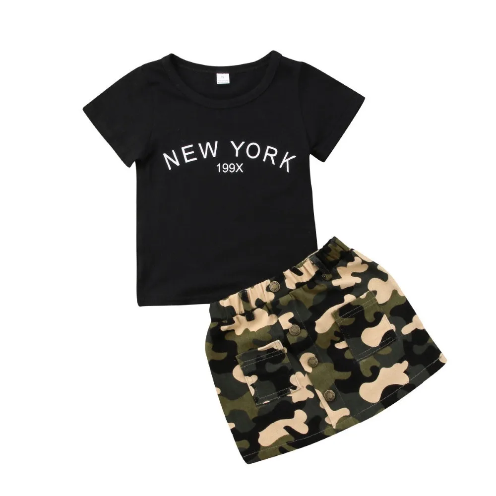 Baby Girls Clothes Sets Black New York Tops Tee Camouflage Skirt 2pcs Bebe Kids Clothing Suits
Baby Girls Clothes Sets Black New York Tops Tee Camouflage Skirt 2pcs Bebe Kids Clothing Suits
