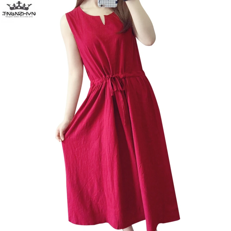 tnlnzhyn 2019 New Summer Women Cotton linen Dresses O-neck Solid Sleeveless linen Vest Dress Loose Casual long Dresses Y1114
tnlnzhyn 2019 New Summer Women Cotton linen Dresses O-neck Solid Sleeveless linen Vest Dress Loose Casual long Dresses Y1114