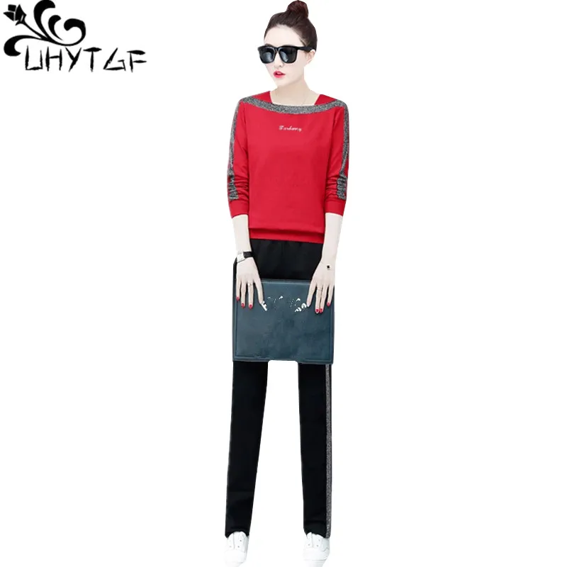 UHYTGF Casual tracksuit womens One word collar Fashion tops and trousers spring two piece set Female Loose plus size clothes1364
UHYTGF Casual tracksuit womens One word collar Fashion tops and trousers spring two piece set Female Loose plus size clothes1364