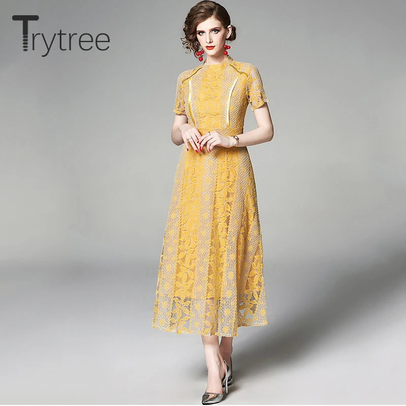 Trytree Summer Casual Dress Polyester Lace Floral Stand Collar Women dresses Mid-calf A-line Solid 2 Colors Office Lady Dress
Trytree Summer Casual Dress Polyester Lace Floral Stand Collar Women dresses Mid-calf A-line Solid 2 Colors Office Lady Dress