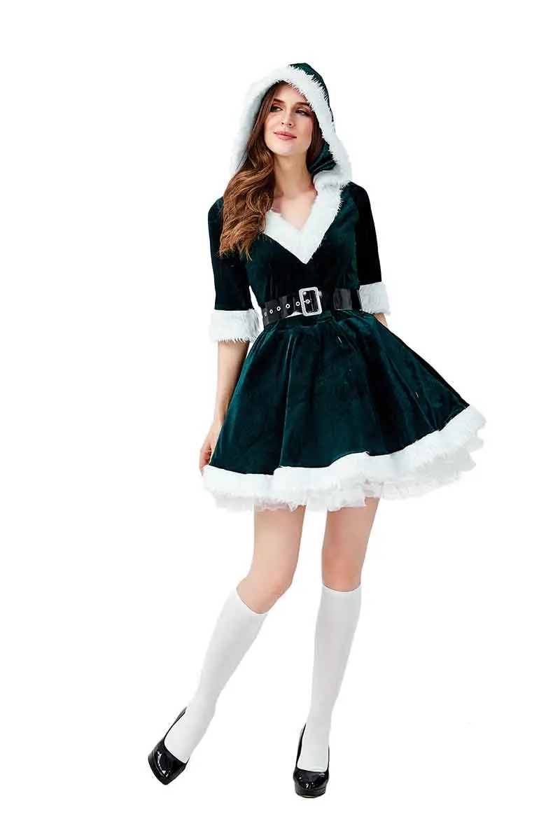 Christmas Miss Santa Claus Cos Costume Long Sleeve Green Velvet Hooded Dress Fancy Dress New Year Costume For Lady Plus Size XL
Christmas Miss Santa Claus Cos Costume Long Sleeve Green Velvet Hooded Dress Fancy Dress New Year Costume For Lady Plus Size XL
