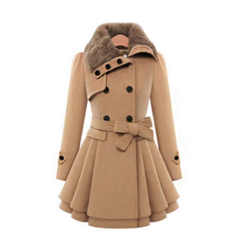 Женское длинное пальто с меховым воротником двубортное зимнее теплое поясом из