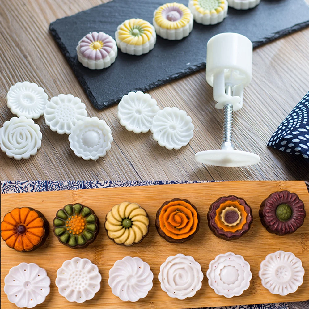 6 стилей круглый цветок Mooncake плесень ручное давление помадка луна торт украшения