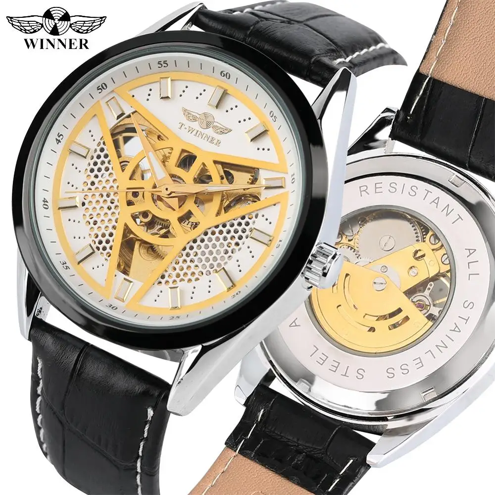 

Fashion Skeleton Mechanical Watch for Men Black Leather Band Automatic-self-winding Watch for Women Creative Triangular Dial