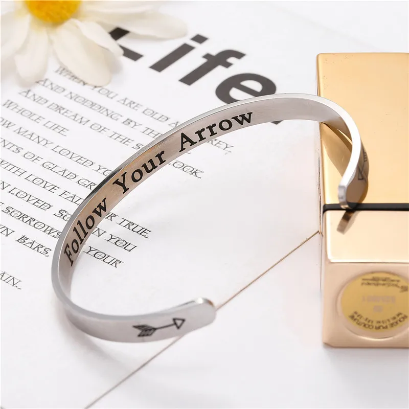 Wide 6mm Cuff Trendy Inspirational Follow Your Arrow Keep Going Bracelets Titanium Encouragement Bangle For Men Women Jewelry
Wide 6mm Cuff Trendy Inspirational Follow Your Arrow Keep Going Bracelets Titanium Encouragement Bangle For Men Women Jewelry