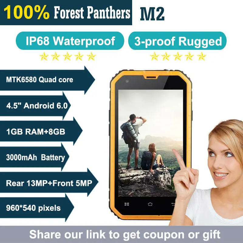 Forest Panthers М2 Водонепроницаемый Смартфон IP68 4.5 "Gorilla Glass Android 6.0 MTK6572 Dual Core 512 + 4 Г 5MP 3000