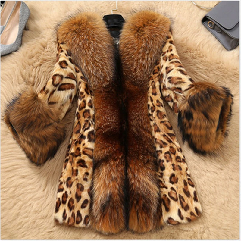 New autumn and winter new imitation fur ladies coat braid hair collar Outerwear classic leopard long female J911 | Женская одежда