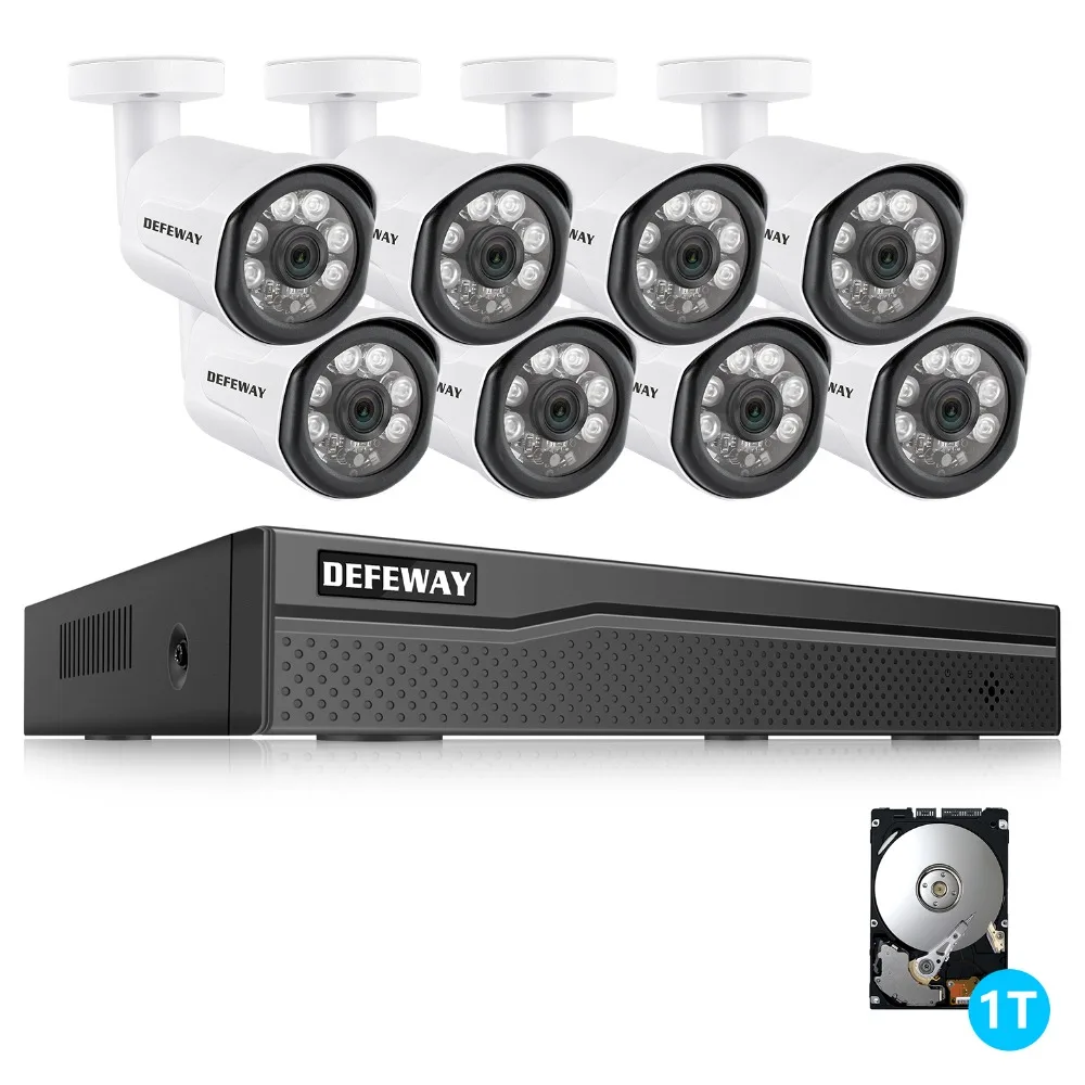 Камера видеонаблюдения DEFEWAY HD 8 каналов 1080P POE NVR 1 ТБ HDD 2 МП 2000 ТВЛ|Система