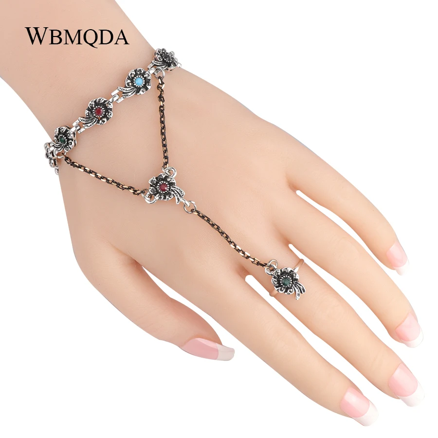 Wbmqda Bohemian Crystal Flower Bracelets link Ring For Women Antique Silver Color Vintage Ethnic Jewelry Sets Wholesale 2019 New | Украшения