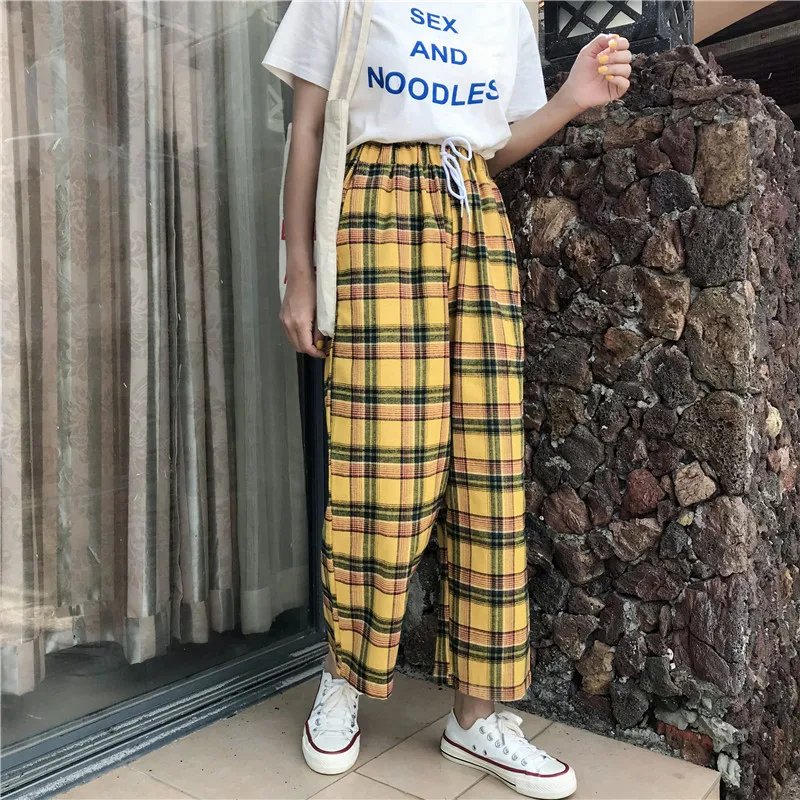 Spring New Wide Leg Pants Women Yellow Plaid Pants Elastic High Waist Drawstring Ankle-Length Pants Female Vintage Straight Pant
Spring New Wide Leg Pants Women Yellow Plaid Pants Elastic High Waist Drawstring Ankle-Length Pants Female Vintage Straight Pant