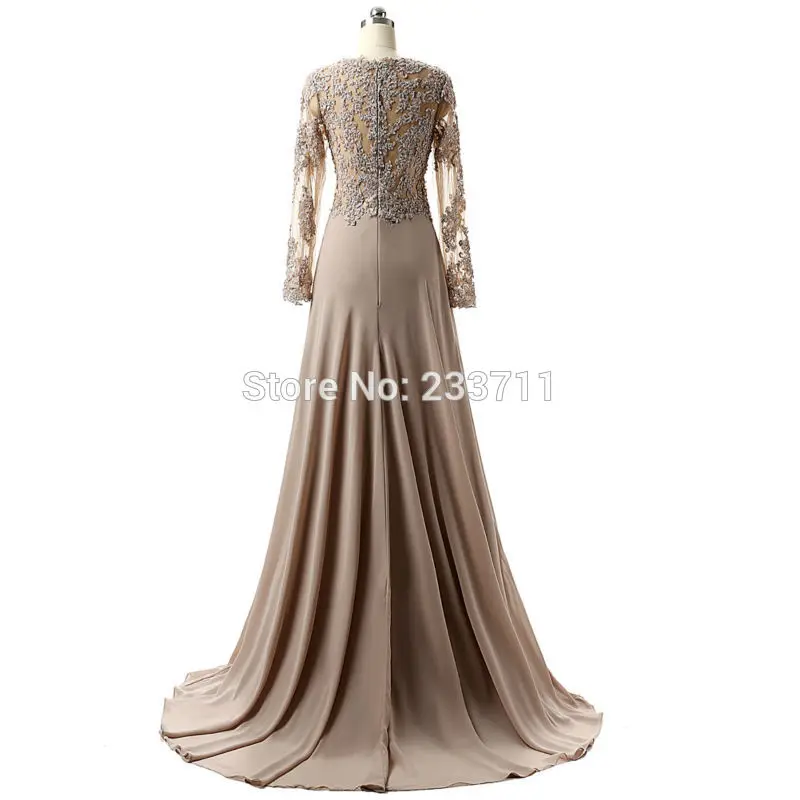 Real Picture Elegant Long Sleeve A Line V Neck Chiffon Lace Beaded Evening Dresses 2016 Robe De Soiree Manche Longue | Свадьбы и