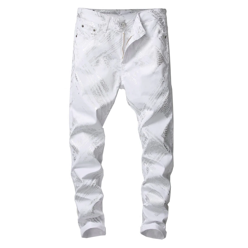 Sokotoo Men's Y2K silver snake skin printed white jeans Fashion slim fit stretch denim pants
Sokotoo Men's Y2K silver snake skin printed white jeans Fashion slim fit stretch denim pants