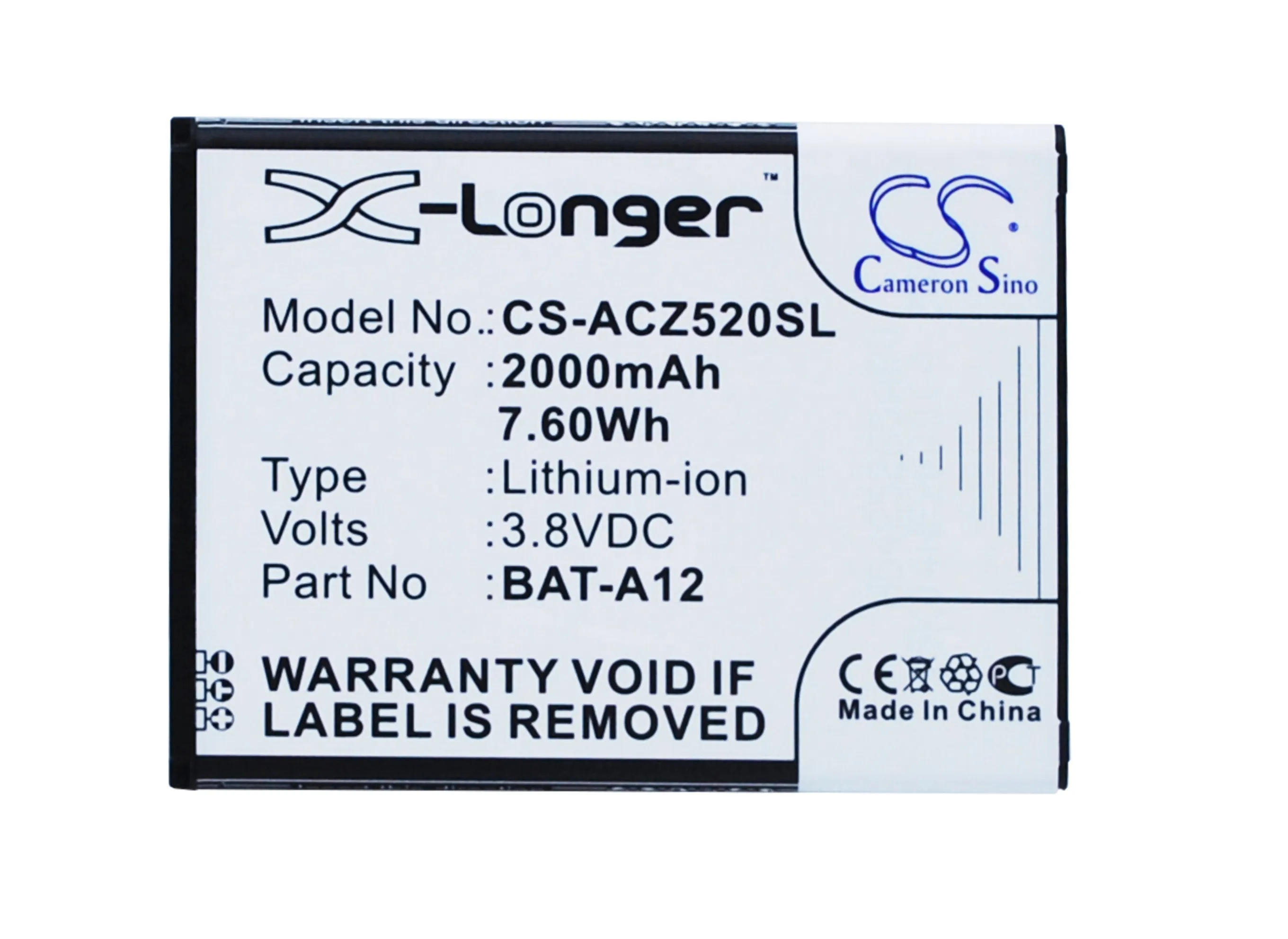 Cameron Sino 2000mah Battery for Acer Liquid Z520, Liquid Z520 Dual SIM , BAT-A12,1ICP4/51/65, KT.00104.002
Cameron Sino 2000mah Battery for Acer Liquid Z520, Liquid Z520 Dual SIM , BAT-A12,1ICP4/51/65, KT.00104.002