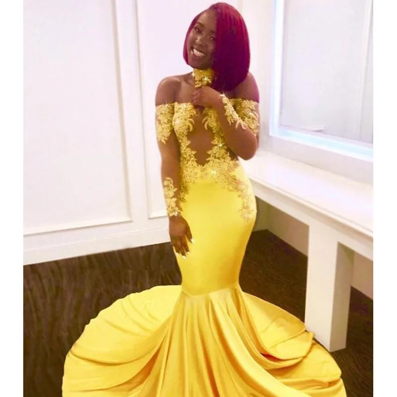 Yellow Long Mermaid Prom Dresses 2019 New Off The Shoulder Long Sleeve Evening Dress Lace Applique Sweep Strain Party Gowns
Yellow Long Mermaid Prom Dresses 2019 New Off The Shoulder Long Sleeve Evening Dress Lace Applique Sweep Strain Party Gowns
