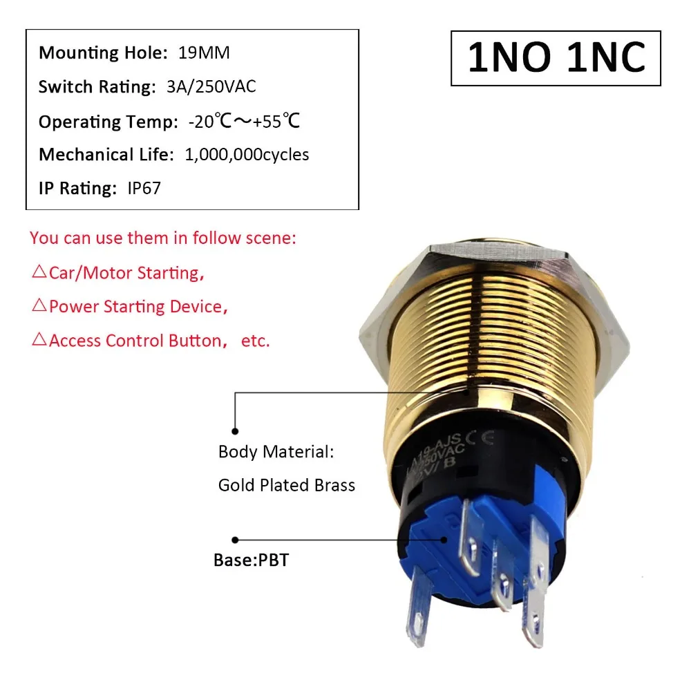 YUESHUN 19 мм позолоченные латунные кнопочные переключатели с подсветкой