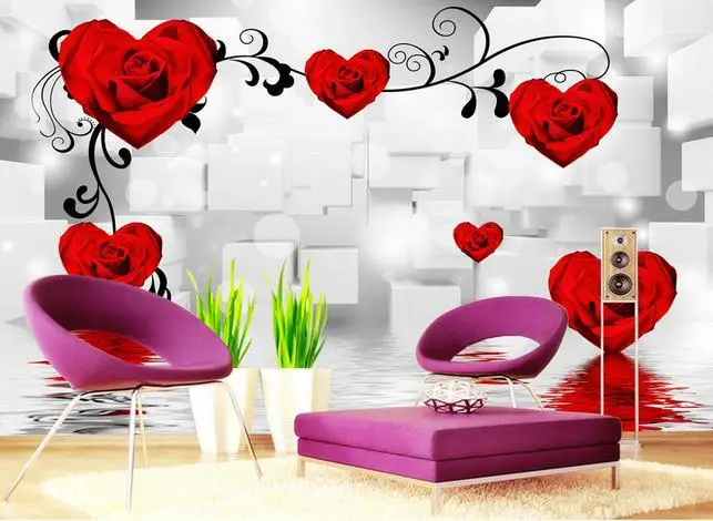 3d wallpaper 3d tv wall paper 3 d TV 3 d home The 3 d TV setting wall heart-shaped rose reflection wallpaper