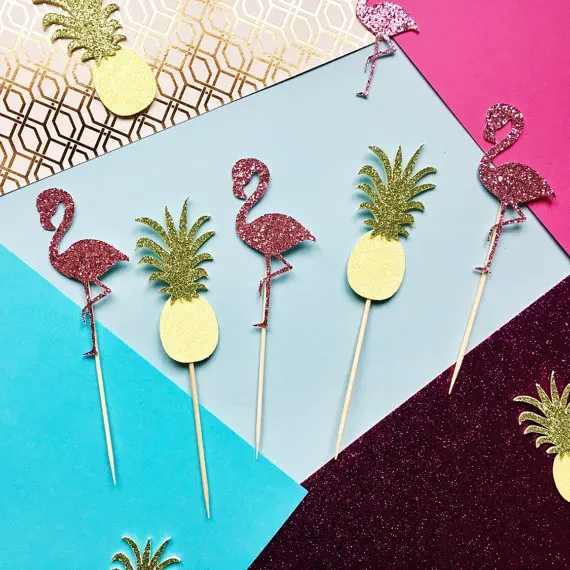 

Glitter Flamingo & Pineapple wedding birthday cupcake toppers Hawaiian Luau party decoration doughnut picks