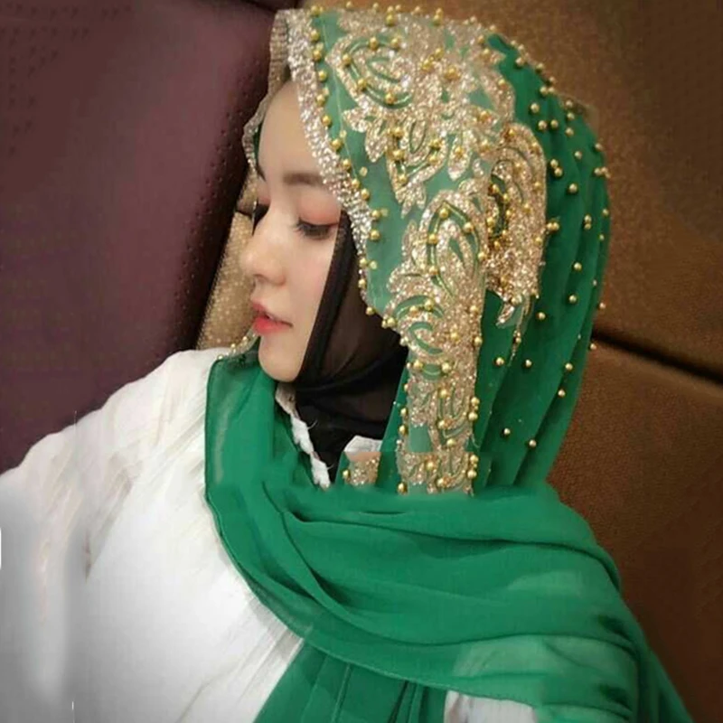 

Мусульманский мусульманский шарф, шарфы для женщин, длинный Нижний шарф, молитвенный тюрбан сплошного цвета с бусинами