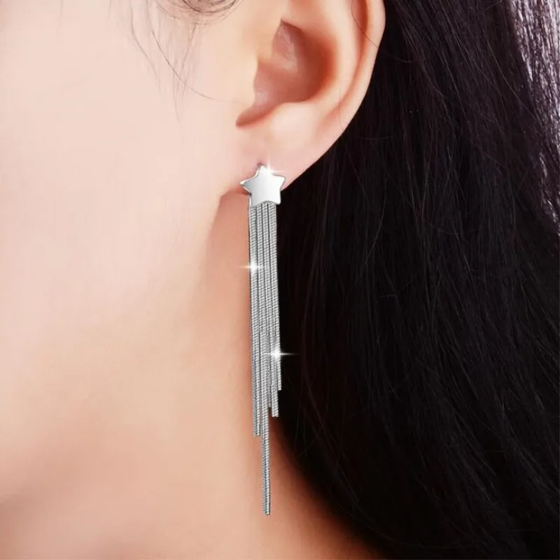 Fashion Geometric 925 Sterling Silver Jewelry Atmosphere Five-pointed Star Long Simple Tassel Female Dangle Earrings SE300
Fashion Geometric 925 Sterling Silver Jewelry Atmosphere Five-pointed Star Long Simple Tassel Female Dangle Earrings SE300