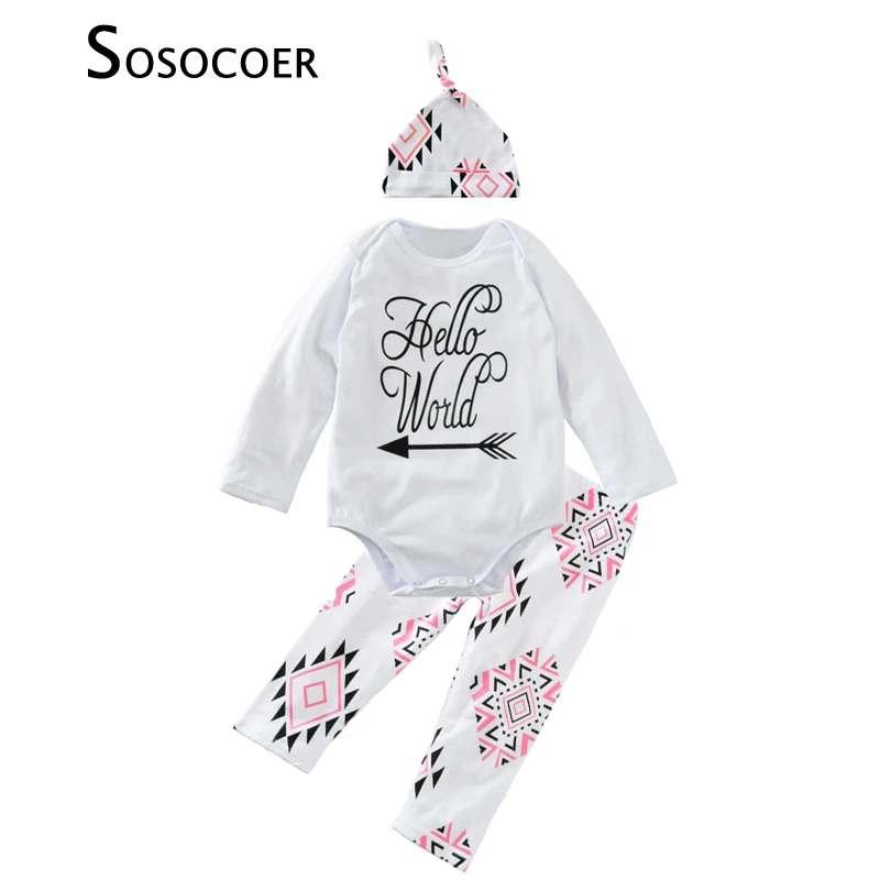 SOSOCOER Baby Girl Clothing Sets Letter Hello World Rompers+Geometry Pants+Caps/Hats 3pcs Kids Clothes Arrow Girls Clothing Set
SOSOCOER Baby Girl Clothing Sets Letter Hello World Rompers+Geometry Pants+Caps/Hats 3pcs Kids Clothes Arrow Girls Clothing Set