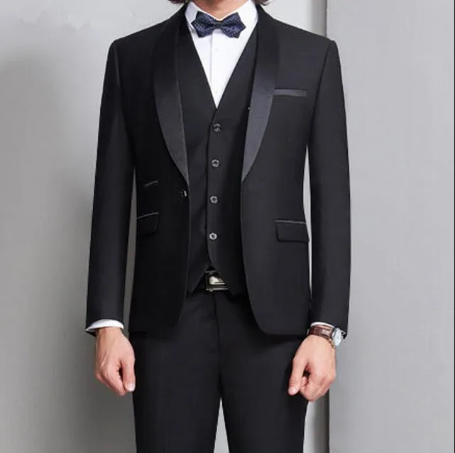 Высокое Качество Черная шаль лацканы мужские костюмы Slim Fit Мужские