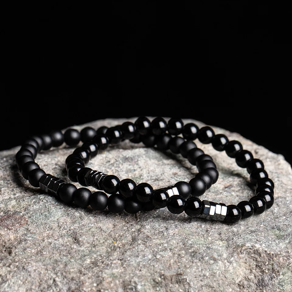 Шарм 6 мм натуральный камень Черные бусы браслеты для женщин и мужчин модные