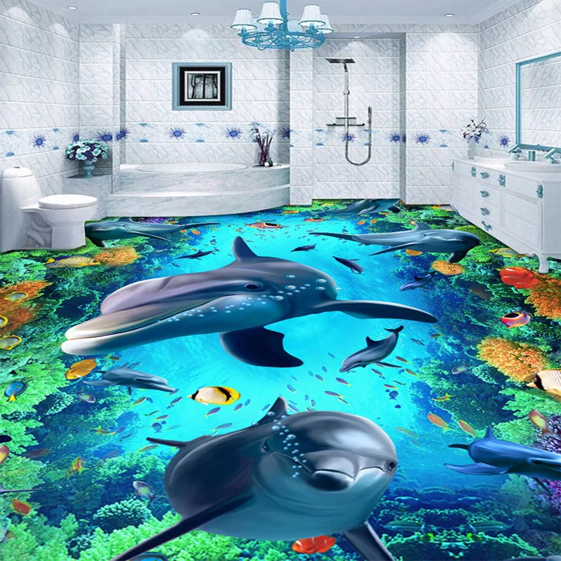 

Custom 3D Flooring Photo Wallpaper Underwater World Dolphin Vinyl Floor Mural De Parede PVC Waterproof Floor Sticker Wall Paper