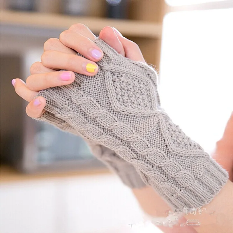 Женские длинные перчатки с браслетом зимние теплые вязаные без пальцев женские