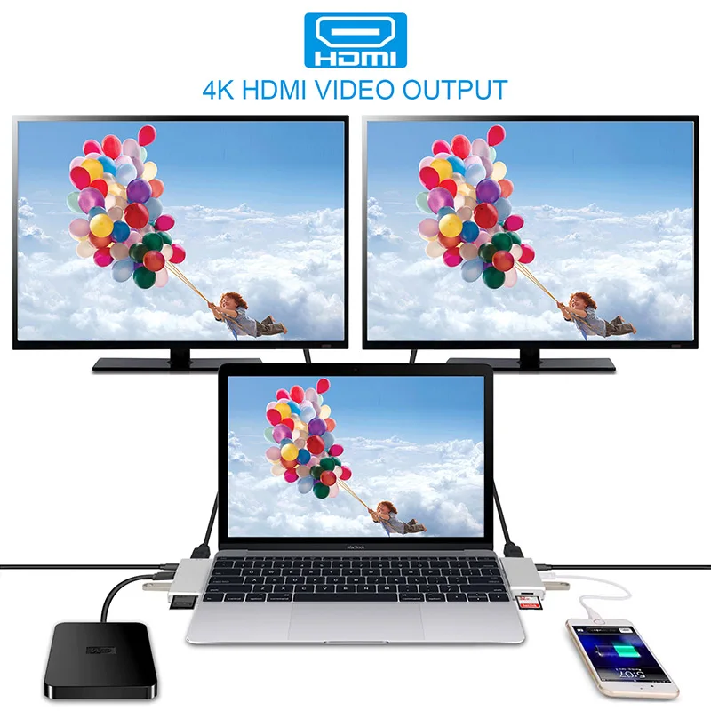 USB Type C H-U-B to 4K HDMI 6 in 1 Multiport Adapter USB 3.0 USB-C to Type C Charging S-D/Micro S-D Card Reader for MacBook Pro
USB Type C H-U-B to 4K HDMI 6 in 1 Multiport Adapter USB 3.0 USB-C to Type C Charging S-D/Micro S-D Card Reader for MacBook Pro