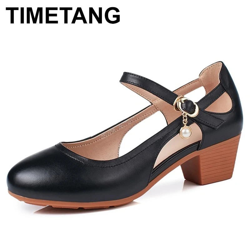 

TIMETANG Women's Genuine Leather Med Heels New Summer Sandals Classic Cut-Outs Pumps Shoes for Office Ladies Shoes Size 35-41