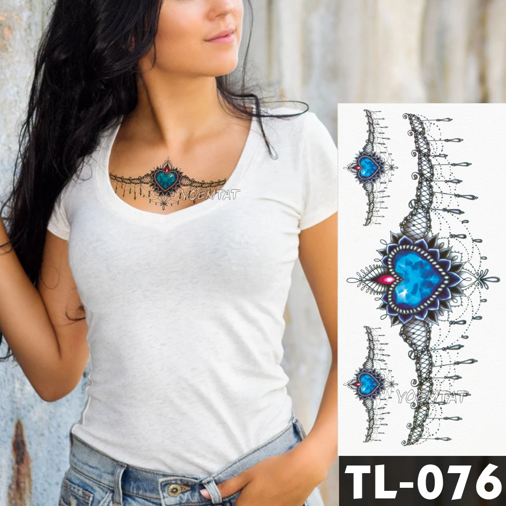 Water Transfer Blue Heart Shaped Jewelry Lace Temporary Tattoo Sticker Chest Totem Pattern Body Art Waterproof Fake Flash Tattoo
Water Transfer Blue Heart Shaped Jewelry Lace Temporary Tattoo Sticker Chest Totem Pattern Body Art Waterproof Fake Flash Tattoo