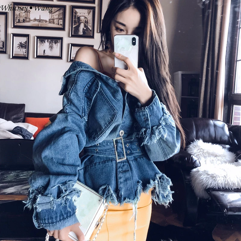 Женская рваная джинсовая куртка WHITNEY WANG модная уличная одежда Потертая с поясом
