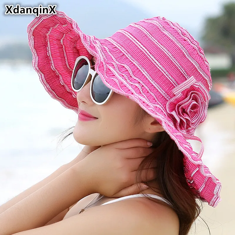 

XdanqinX Summer Women's Hat Fashion Folding Ventilation Sun Hats Anti-UV Beach Hat Wind Rope Fixed Adjustment Size Sunscreen Hat