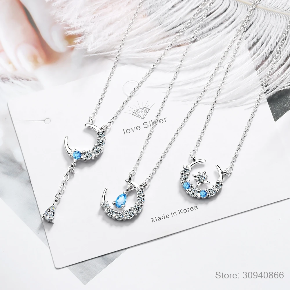 925 Sterling Silver Star Moon Tassel Necklace With Blue Zircon Embellished Water-Drop Shaped Jewelry Clavicle Colar De Prata
925 Sterling Silver Star Moon Tassel Necklace With Blue Zircon Embellished Water-Drop Shaped Jewelry Clavicle Colar De Prata