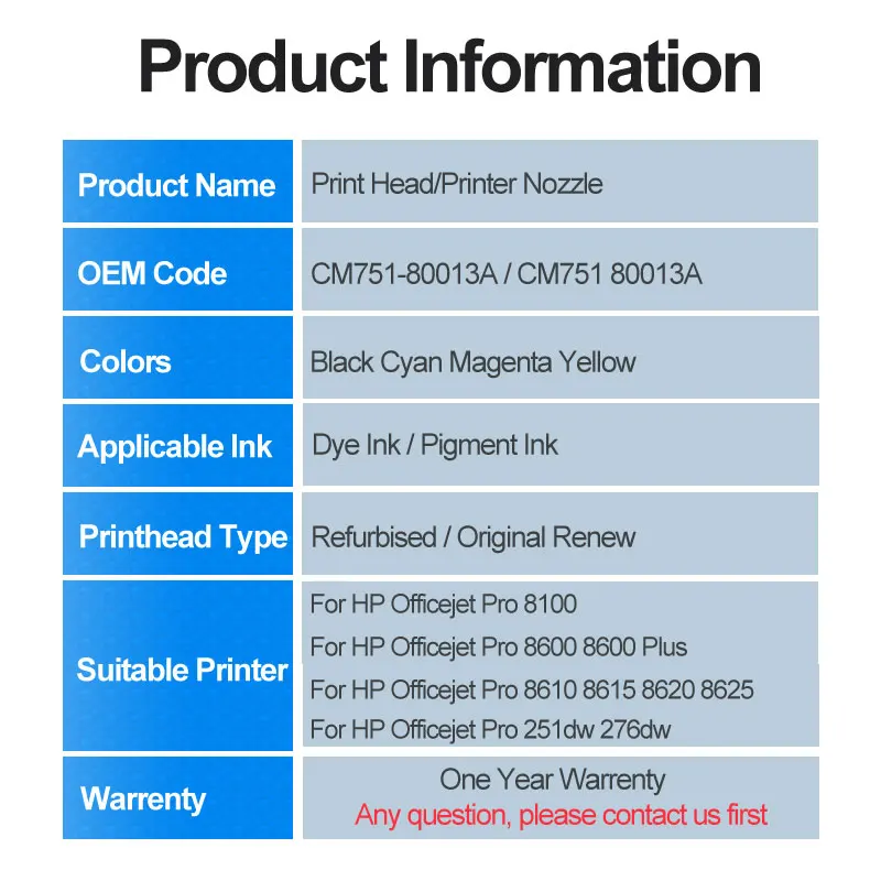 For HP 950 951 950XL 951XL Printhead CM751-80013A Print Head For HP 8100 8600 8610 8615 8620 8625 8630 8700 251DW 276DW Printer
For HP 950 951 950XL 951XL Printhead CM751-80013A Print Head For HP 8100 8600 8610 8615 8620 8625 8630 8700 251DW 276DW Printer