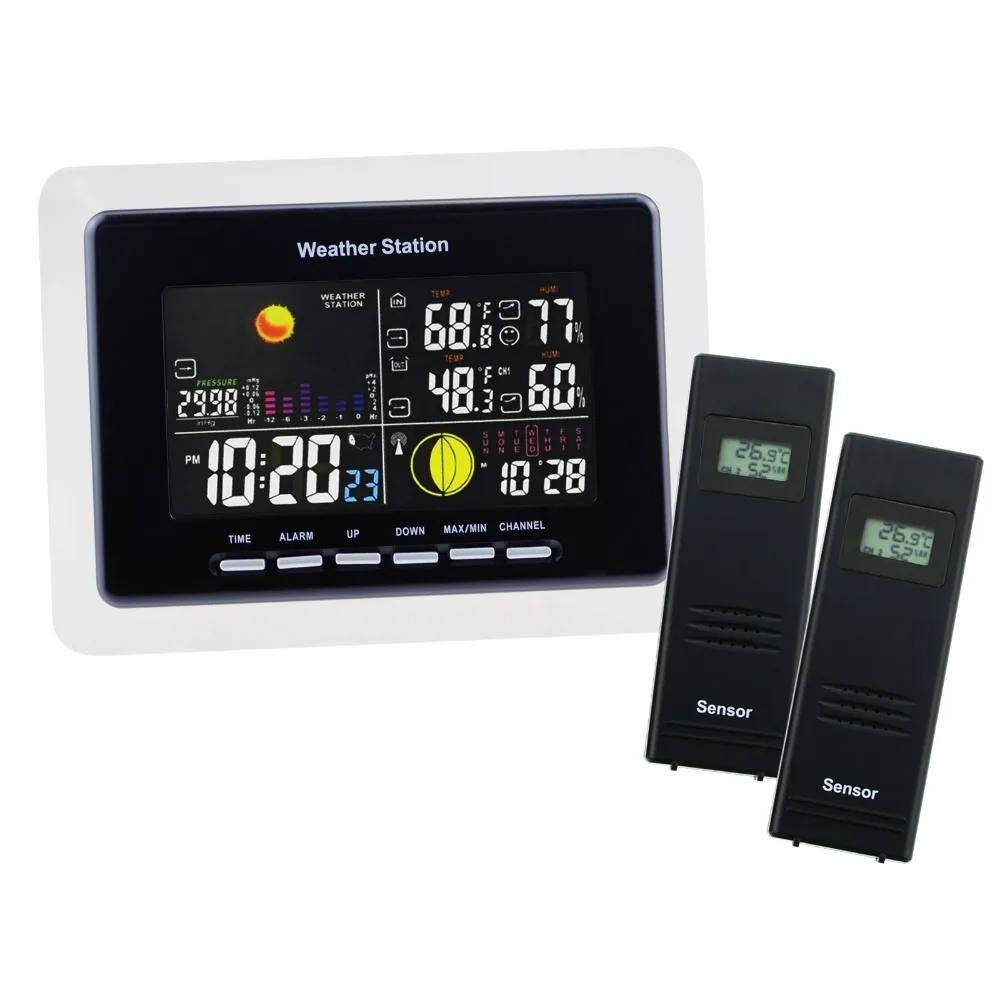 Wireless Weather Station 2 Remote Sensors Weather Forecast Moonphase Alarm Indoor Outdoor Temperature Humidity DCF RCC
Wireless Weather Station 2 Remote Sensors Weather Forecast Moonphase Alarm Indoor Outdoor Temperature Humidity DCF RCC