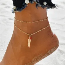 Modyle Gold Color Leaf Feather Anklets For Women Bracelets Foot Leg Jewelry Double Chain Red Beads Anklets