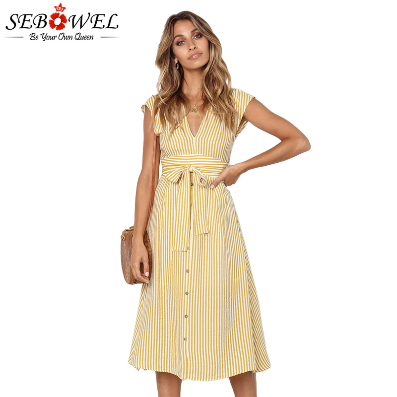 SEBOWEL Sexy Striped Summer Dress Women Casual Short Sleeve Button Midi Dress Female Back Split Lace Up A Line Beach Dress 2019
SEBOWEL Sexy Striped Summer Dress Women Casual Short Sleeve Button Midi Dress Female Back Split Lace Up A Line Beach Dress 2019