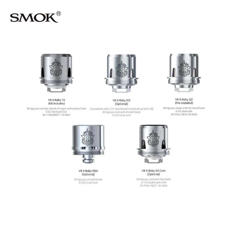 6 шт./лот электронных сигарет Smok TFV8 X-Baby катушки M2/T6/Q2/X4 РБА Core двойной головкой для X
