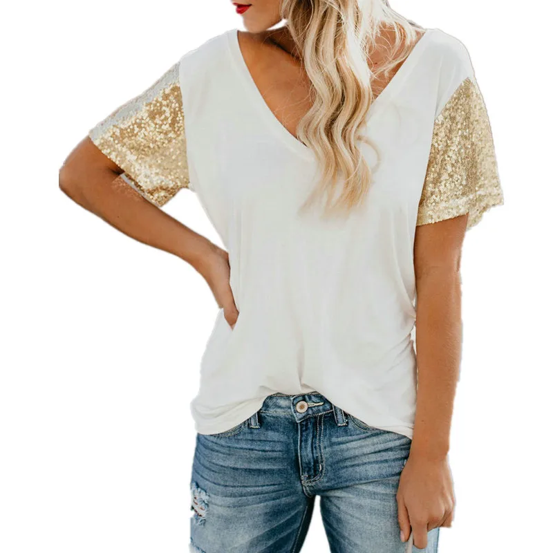 Poleras de mujer 2019 Новая летняя модная женская футболка с пайетками футболки короткими