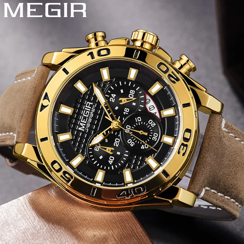 Мужские наручные часы с хронографом Megir кожаные золотые кожаным ремешком 2019 |